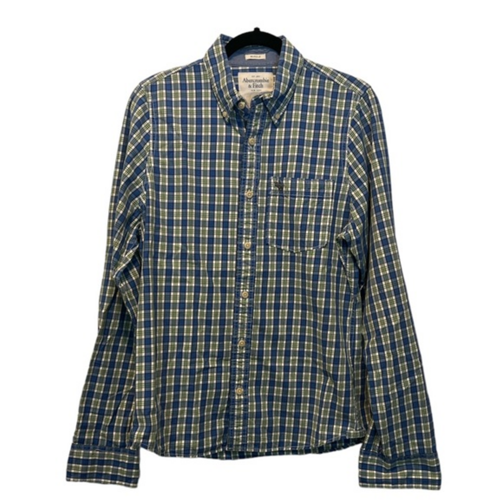 EUC Abercrombie Muscle Fit Button Down Sz L Blue‎ Green Plaid Flip Cuff